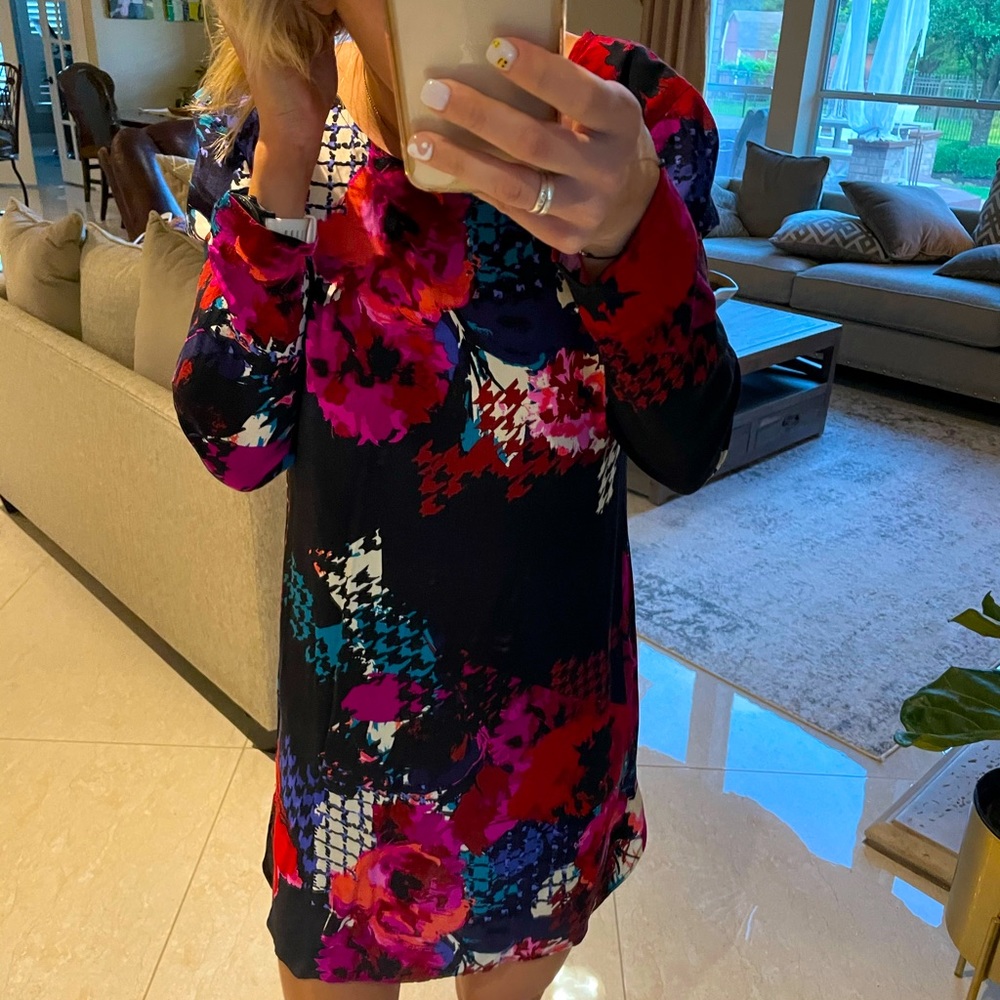 Black and floral long sleeve mini dress